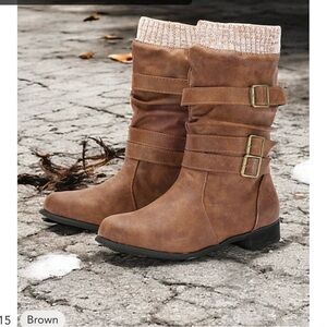 Brown Mid-Calf Buckle Boots with Knit Cuff - Women